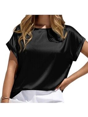 New Black Satin Short Sleeve Blouse Size M